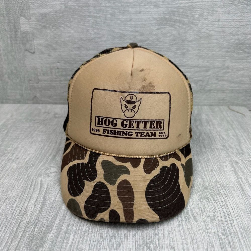 Vintage Hog Getter Fishing Team Camo Hat Cap Snap Back Trucker Duck Camouflage
